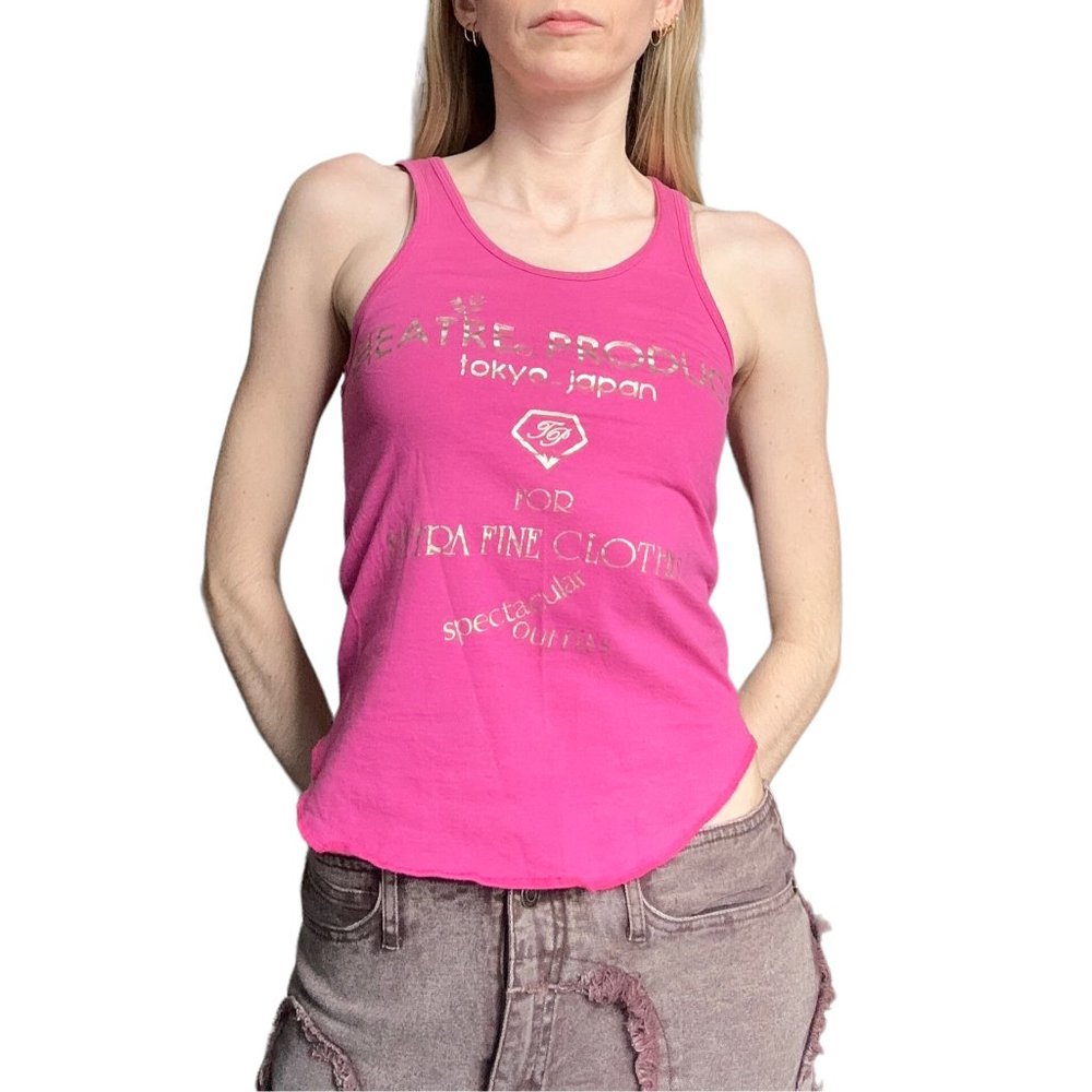 Theatre Products Japan Y2K pink tank top with gold graphic print.